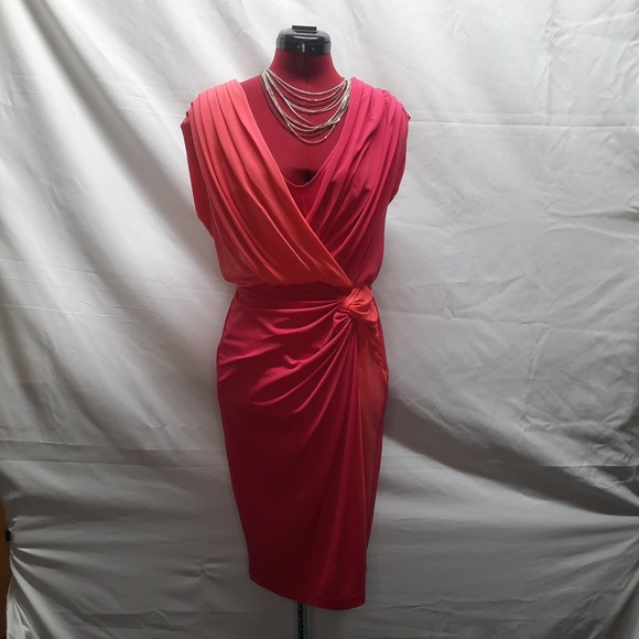 Maggie London Pink Coral Color Block Pleated V-Neck front back Ruched Dress 8 - Picture 1 of 7